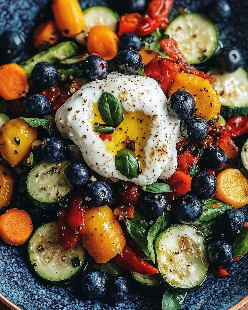 Burrata-Salat mit Ofengemüse und Blaubeeren