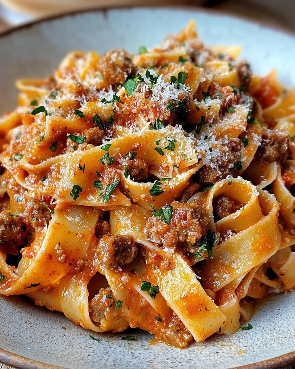 Cremige kalabrische Chili-Pappardelle mit Wurst und Fenchel