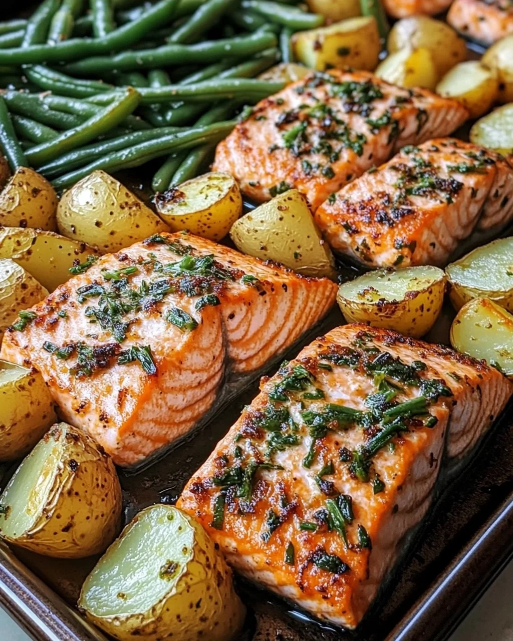 Einfaches Blechlachs Rezept mit grünen Bohnen und Kartoffeln