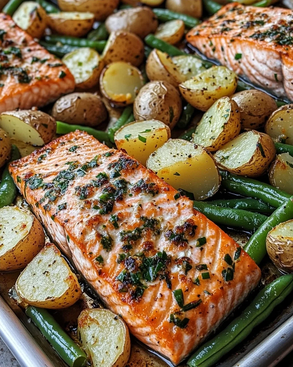 Einfaches Blechlachs Rezept mit grünen Bohnen und Kartoffeln