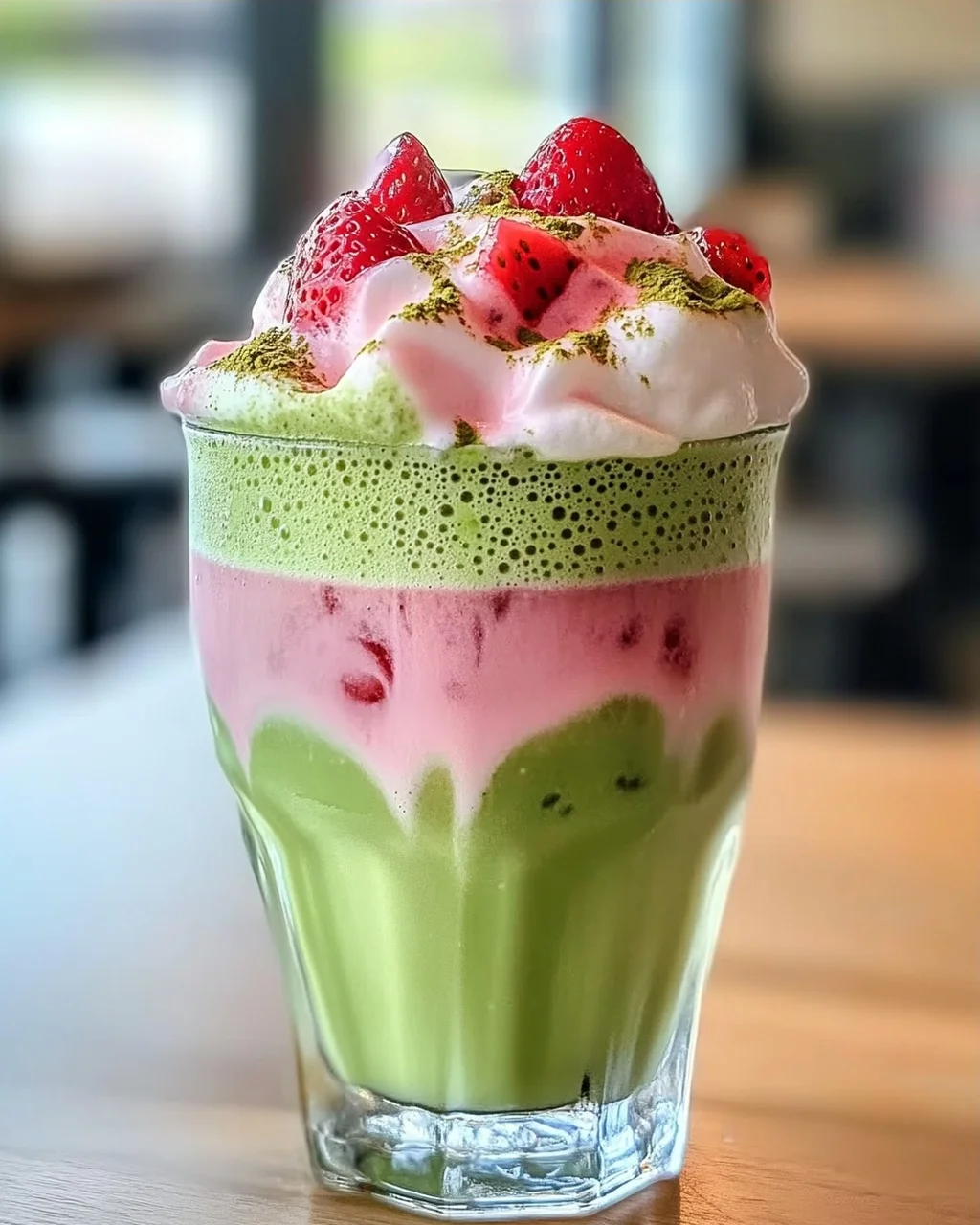 Eis-Matcha-Latte mit Erdbeer-Kalte-Schaum genießen