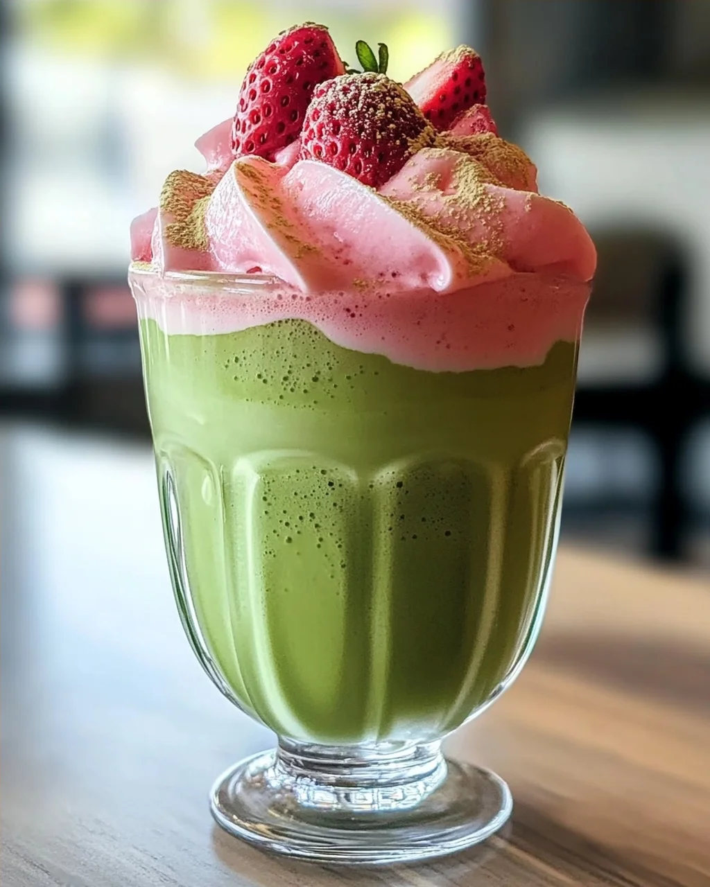 Eis-Matcha-Latte mit Erdbeer-Kalte-Schaum genießen