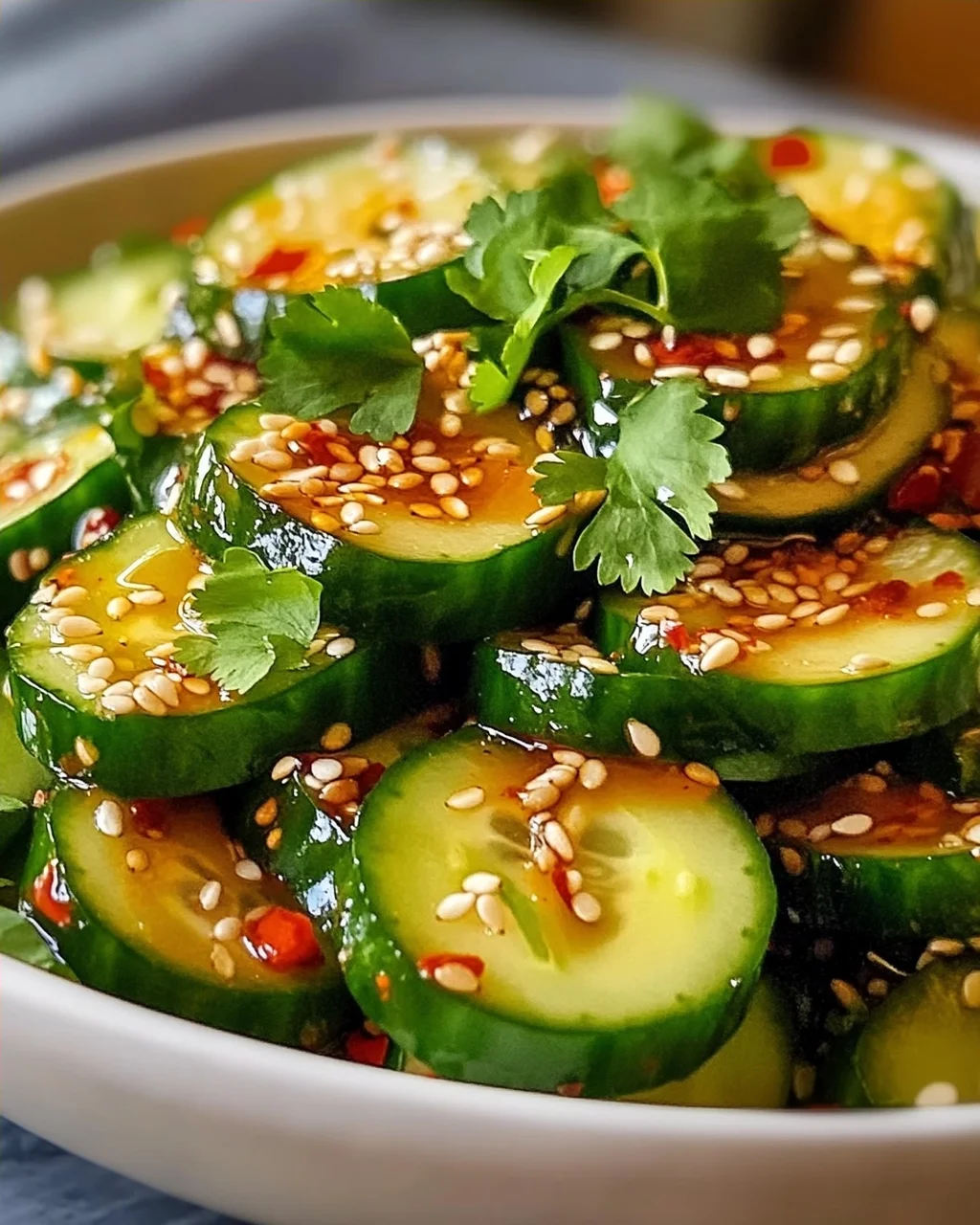 Erfrischender Asiatischer Gurkensalat mit Chili und Sesam