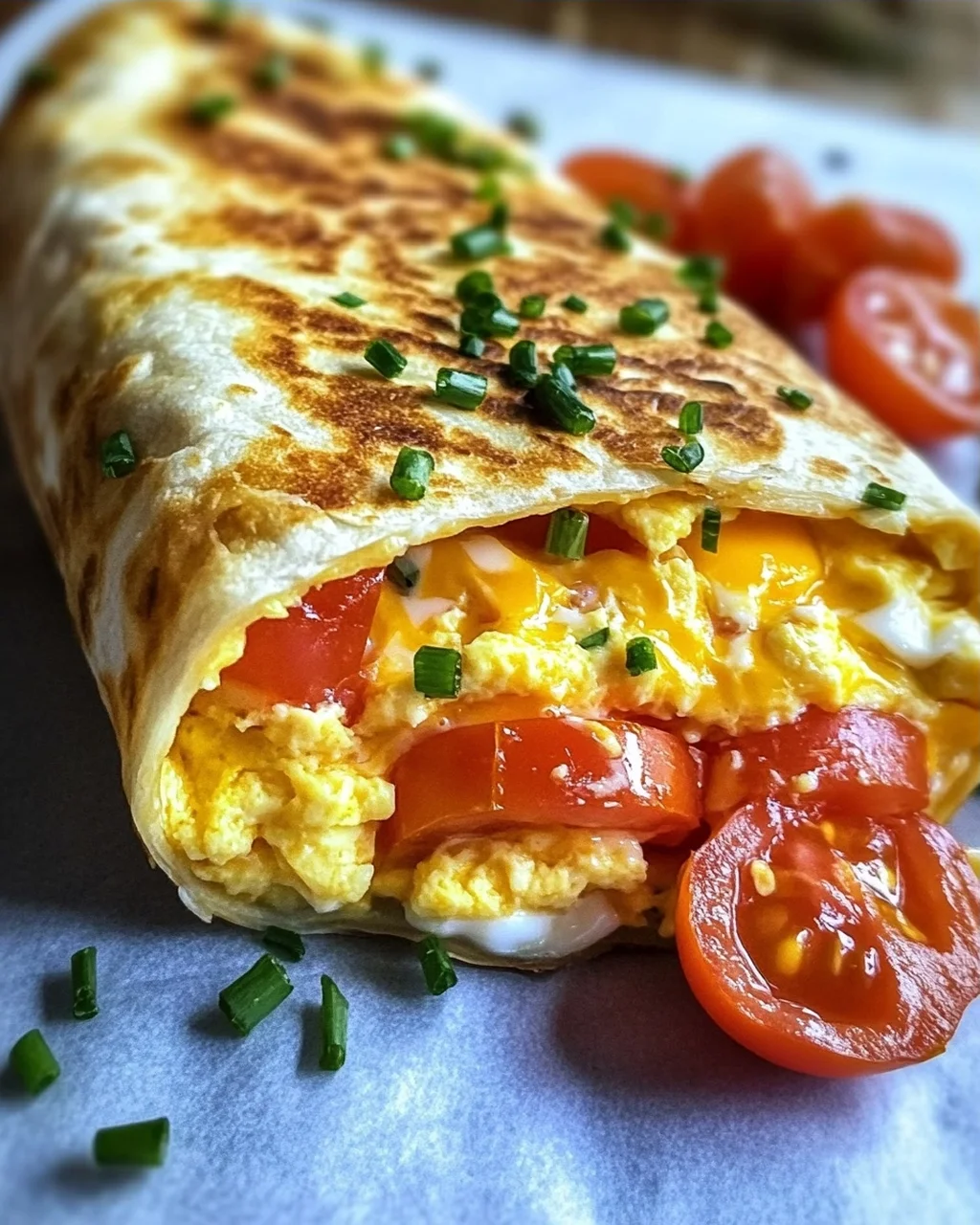 Frühstückswrap mit Ei, Käse und Tomaten