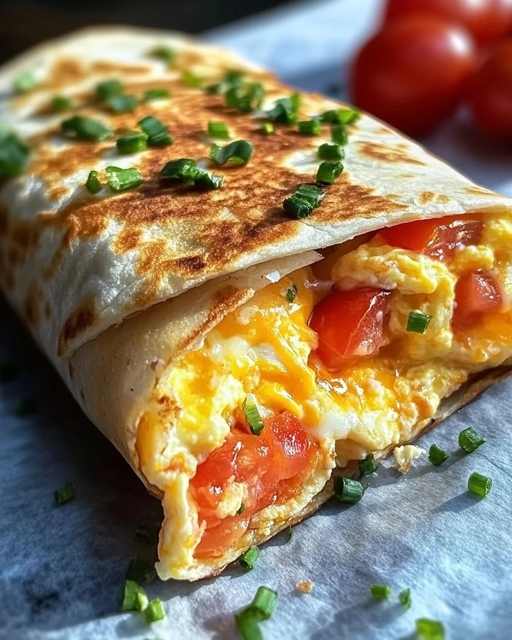 Frühstückswrap mit Ei, Käse und Tomaten