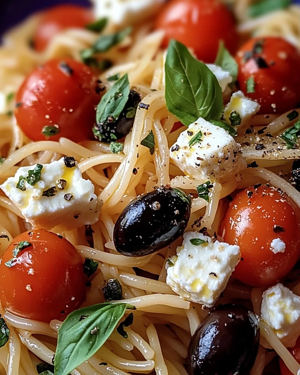 Griechische Reisnudeln mit Tomaten, Feta und Oliven