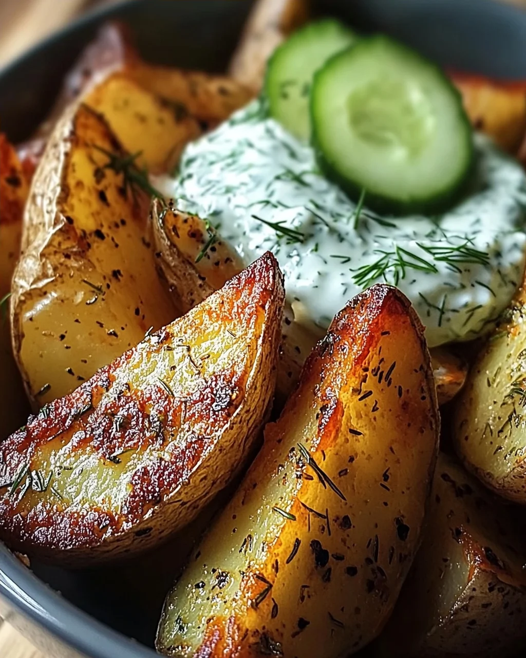Kartoffelspalten mit Gurkendip