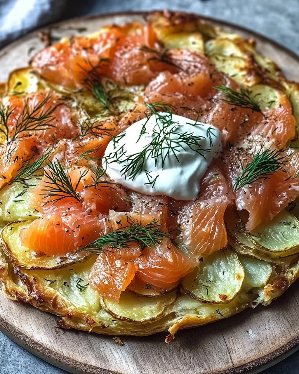 Knusprige Kartoffelgalette mit Räucherlachs und Crème Fraîche