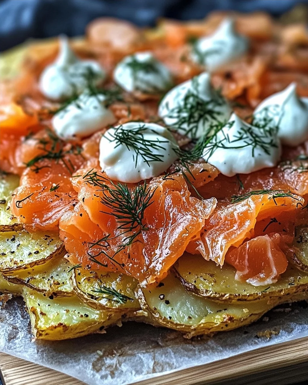 Knusprige Kartoffelgalette mit Räucherlachs und Crème Fraîche