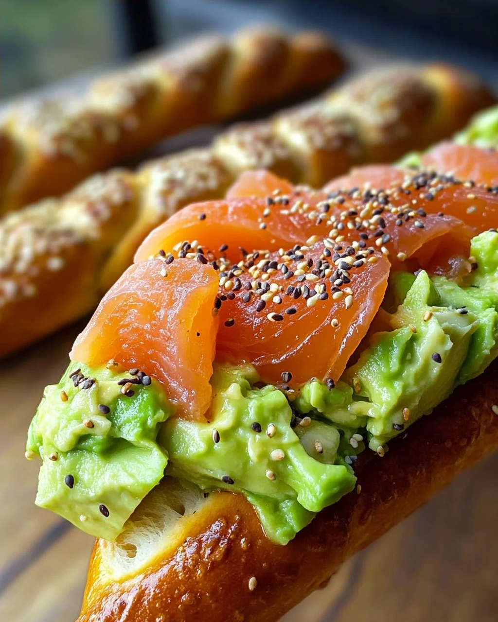 Lachs Avocado Laugenstange mit Topping