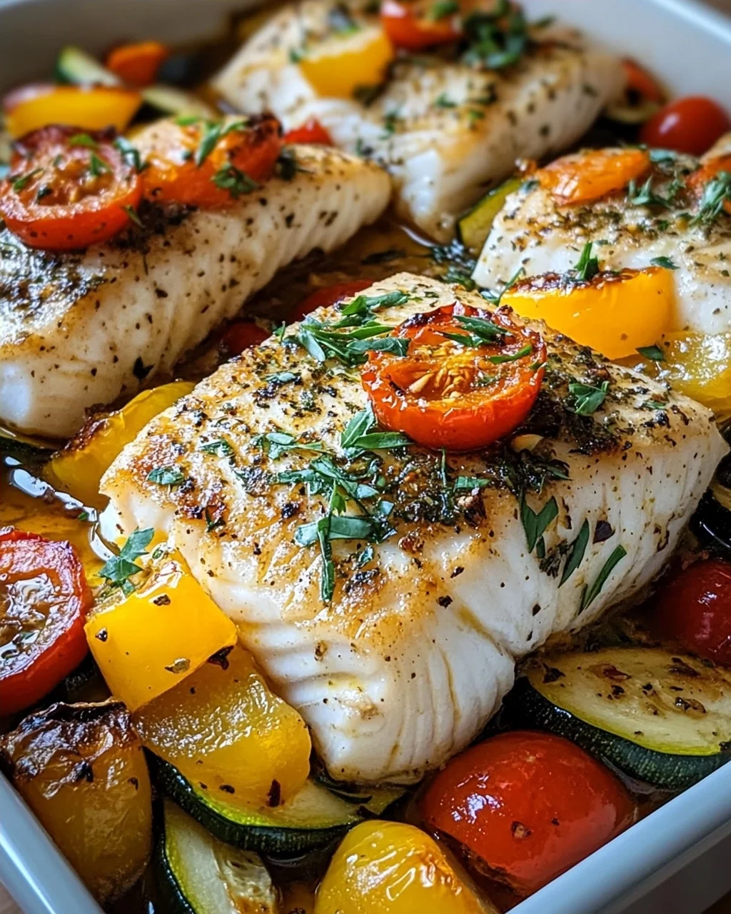 Rezept für mediterran gebackene Fischfilets mit Gemüse