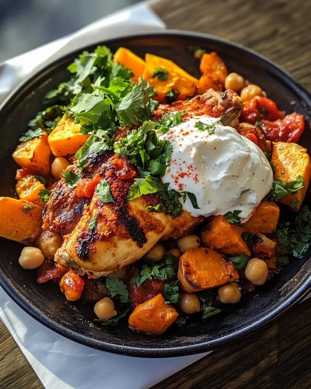 Würziges Ofen-Harissa Hähnchen mit Süßkartoffel, Kichererbsen und Knoblauchjoghurt