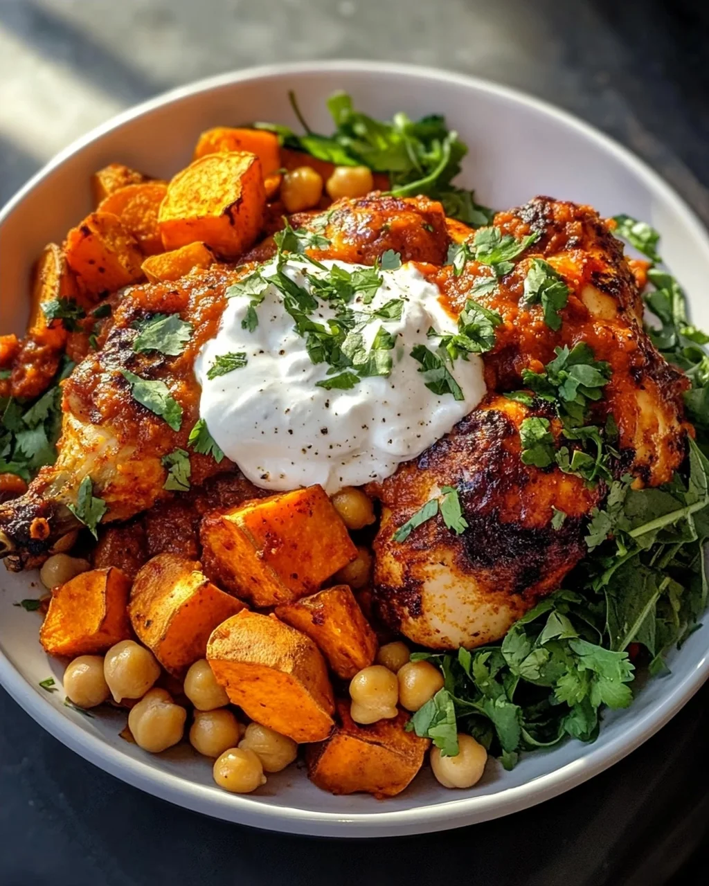 Würziges Ofen-Harissa Hähnchen mit Süßkartoffel, Kichererbsen und Knoblauchjoghurt